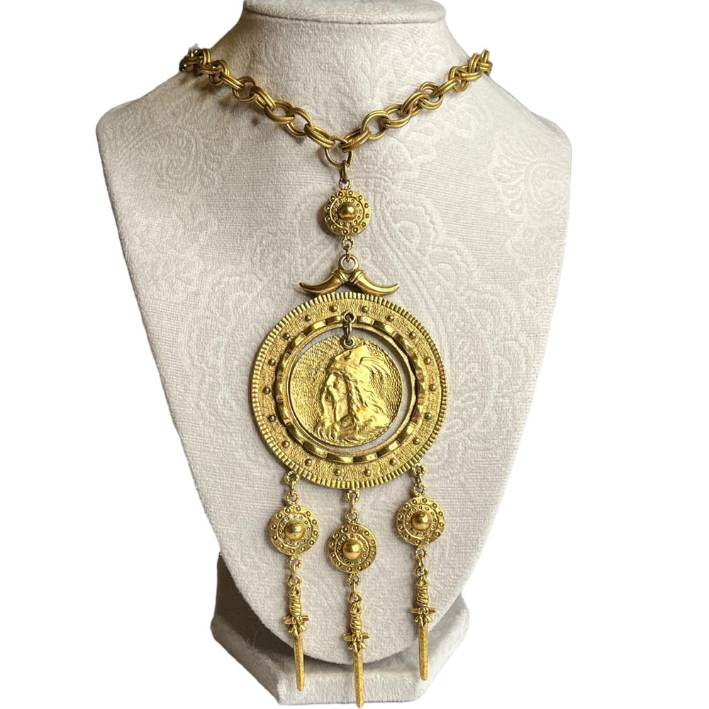 Trifari Gold Ornate Viking Medallion Necklace